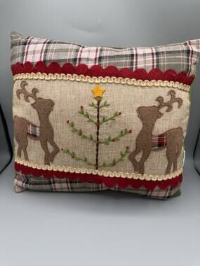 Christmas Reindeer Throw Pillow 12x15 Plaid Felt Applique Rustic Holiday Decor